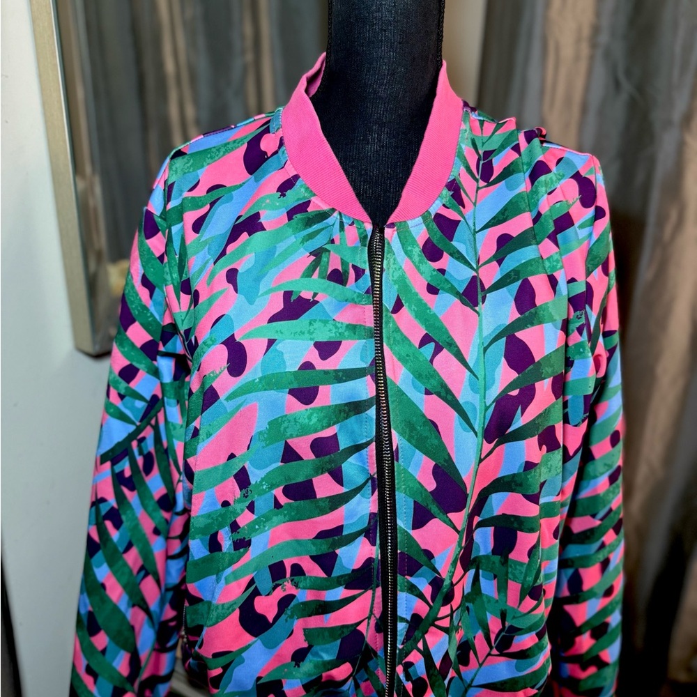 Sassy Jones Pink and Green Bomber Jacket with Geometric Design